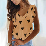 LOVEMI  top Khaki / S Lovemi -  Heart Print V-Neck Ruffled Pleated T-Shirt Top
