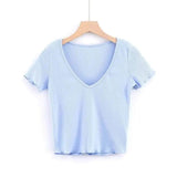 LOVEMI top Light Blue / S Lovemi -  V-neck Short T-shirt With Wood Ears Simple Solid Color