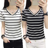 LOVEMI top Lovemi -  Women's Black And White Striped V-neck Short-sleeved T-shirt