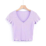 LOVEMI top Purple / S Lovemi -  V-neck Short T-shirt With Wood Ears Simple Solid Color