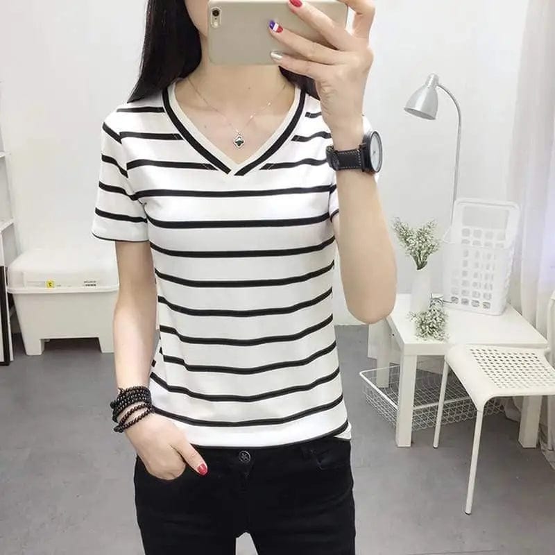 LOVEMI top White / M Lovemi -  Women's Black And White Striped V-neck Short-sleeved T-shirt