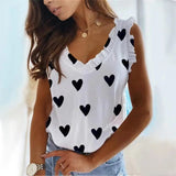 LOVEMI  top White / S Lovemi -  Heart Print V-Neck Ruffled Pleated T-Shirt Top
