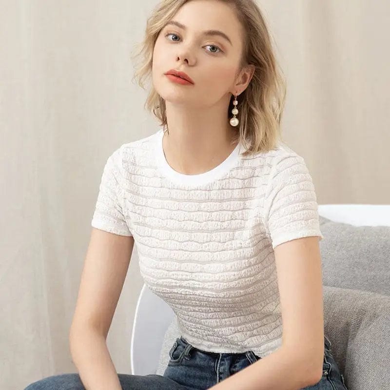 LOVEMI top White / S Lovemi -  Lace Shirt Slim Slimming Short Lace T-shirt Women