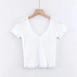 LOVEMI top White / S Lovemi -  V-neck Short T-shirt With Wood Ears Simple Solid Color