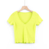 LOVEMI top Yellow / S Lovemi -  V-neck Short T-shirt With Wood Ears Simple Solid Color