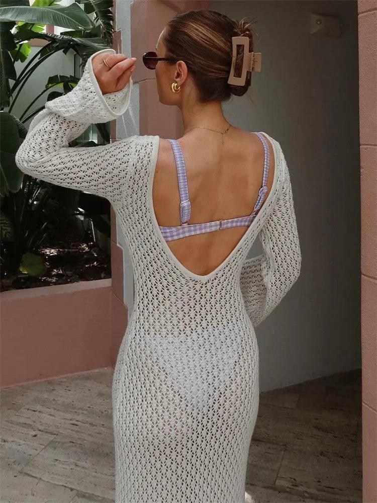 Tossy White Knit Fashion Cover up Maxi Dress Female-4