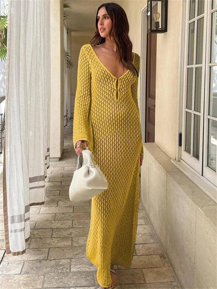 Tossy White Knit Fashion Cover up Maxi Dress Female-Yellow Maxi Dress-8