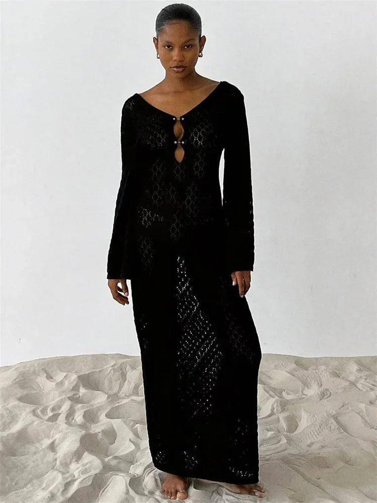 Tossy White Knit Fashion Cover up Maxi Dress Female-Black Maxi Dress-9