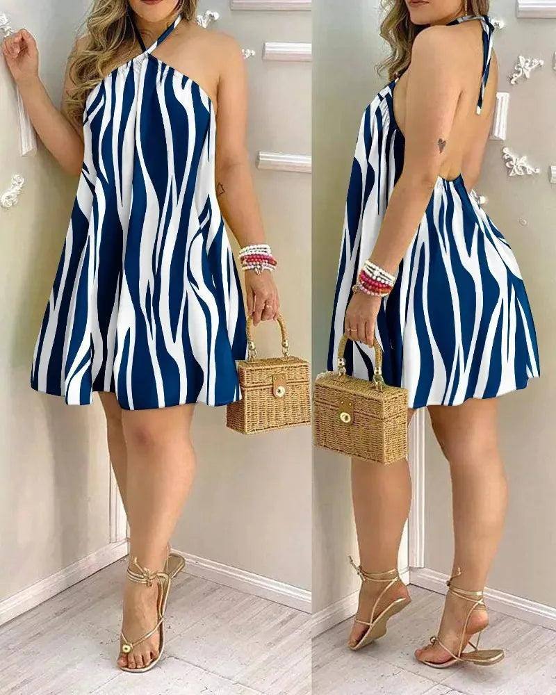 Tropical Print Halter Neck Dress, Vacation Style Backless-Navy Blue-2
