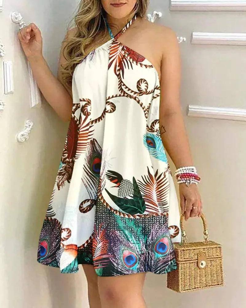 Tropical Print Halter Neck Dress, Vacation Style Backless-Khaki-3