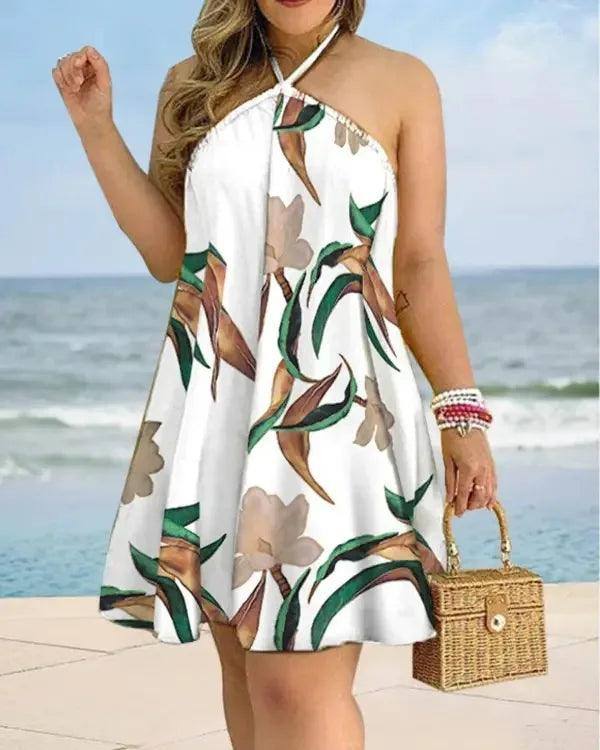 Tropical Print Halter Neck Dress, Vacation Style Backless-WHITE-4