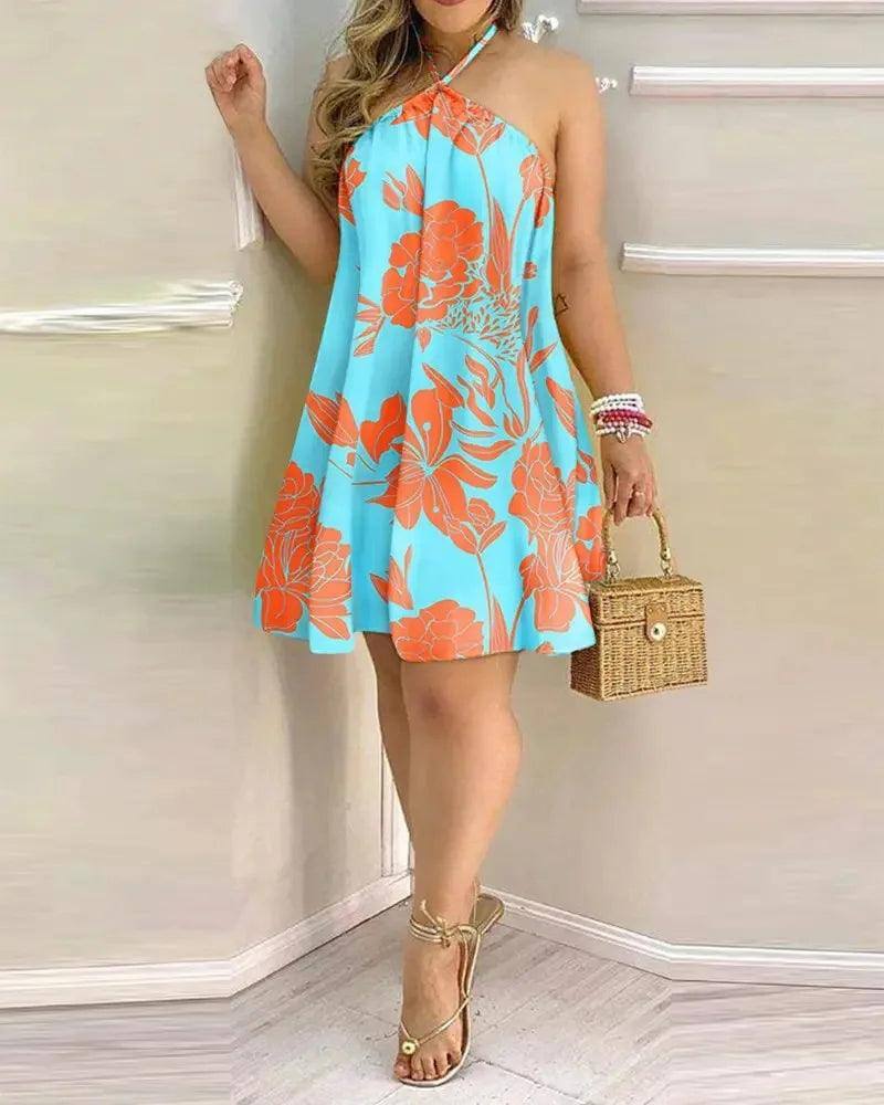 Tropical Print Halter Neck Dress, Vacation Style Backless-5