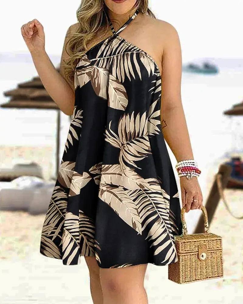 Tropical Print Halter Neck Dress, Vacation Style Backless-Black-6
