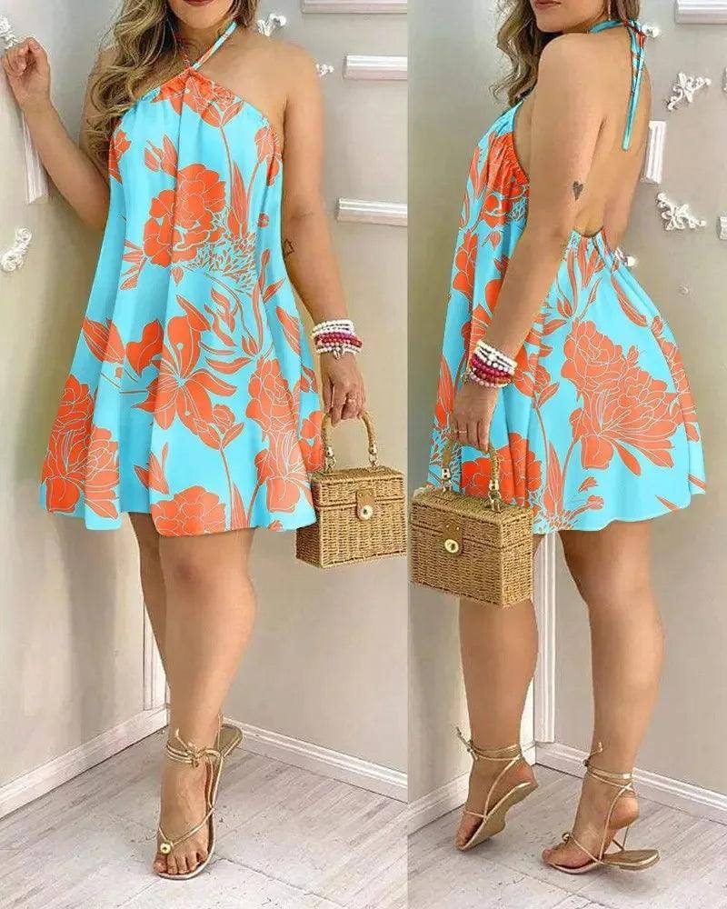Tropical Print Halter Neck Dress, Vacation Style Backless-Sky blue-7