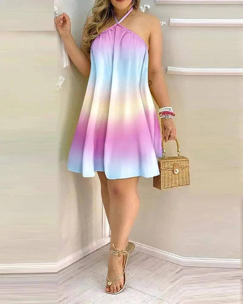 Tropical Print Halter Neck Dress, Vacation Style Backless-Pink-8