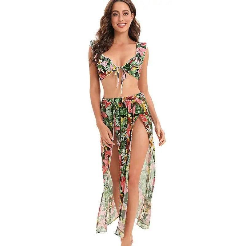 Tropical Print Ruffled Lace-up Three-piece Bikini Maxi Dress-3