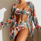 Tropical Print Swimwear Set with Matching Cover-Up Bikinis LOVEMI  White S 