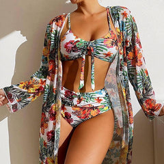 Tropical Print Swimwear Set with Matching Cover-Up-White-2