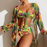 Tropical Print Swimwear Set with Matching Cover-Up Bikinis LOVEMI  Fluorescein S 