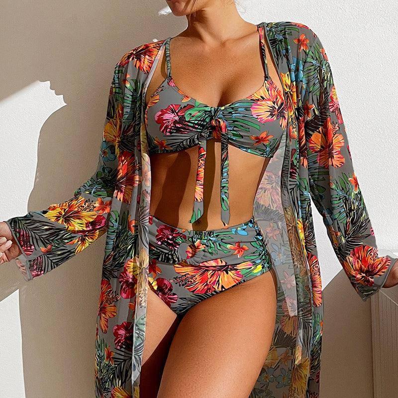 Tropical Print Swimwear Set with Matching Cover-Up-Grey-4