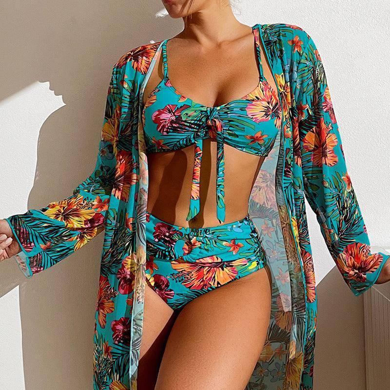 Tropical Print Swimwear Set with Matching Cover-Up-Sky Blue-5