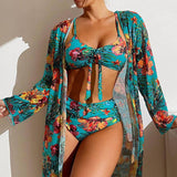 Tropical Print Swimwear Set with Matching Cover-Up Bikinis LOVEMI  Sky Blue S 