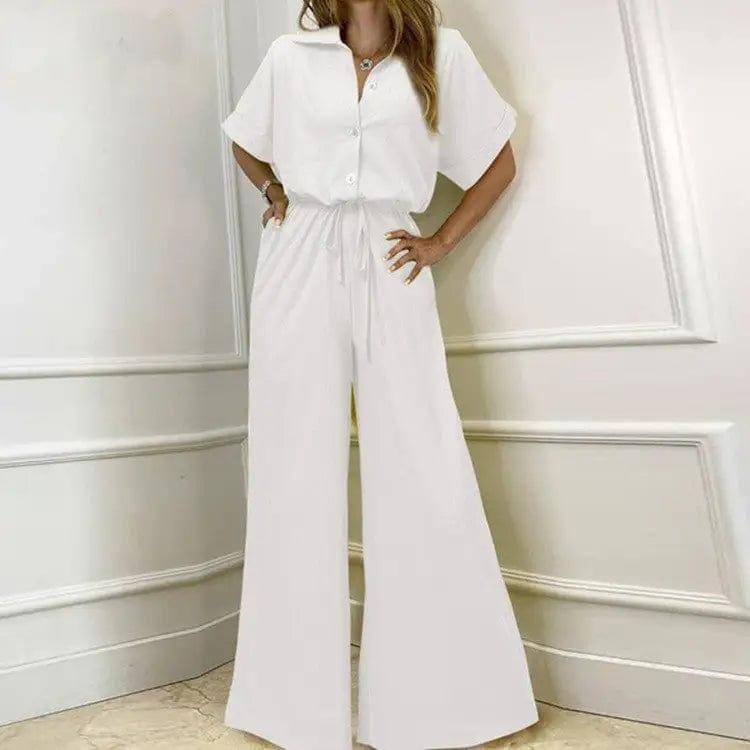 Turnover Collar High Waist Wide Leg Jumpsuit Work Suit-White-1