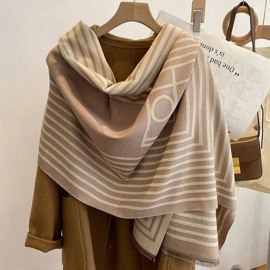 Two-color Cashmere Thickened Scarf Air Conditioner Shawl-Beige-2