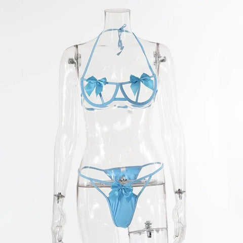 Two-piece Set Of Hollow Female Sexy Lingerie With Bow Tie-SkyBlue-6