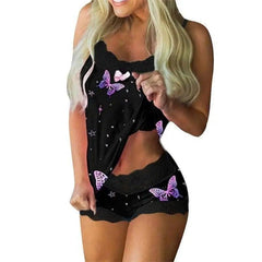 Two-piece Sexy Lingerie Sexy Sweet Print Suspenders-Black2-1