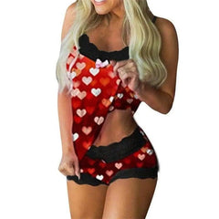 Two-piece Sexy Lingerie Sexy Sweet Print Suspenders-Red-3