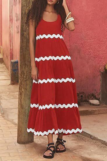U-neck Wavy Print Long Dress Sleeveless Solid Color A-line-Red-6
