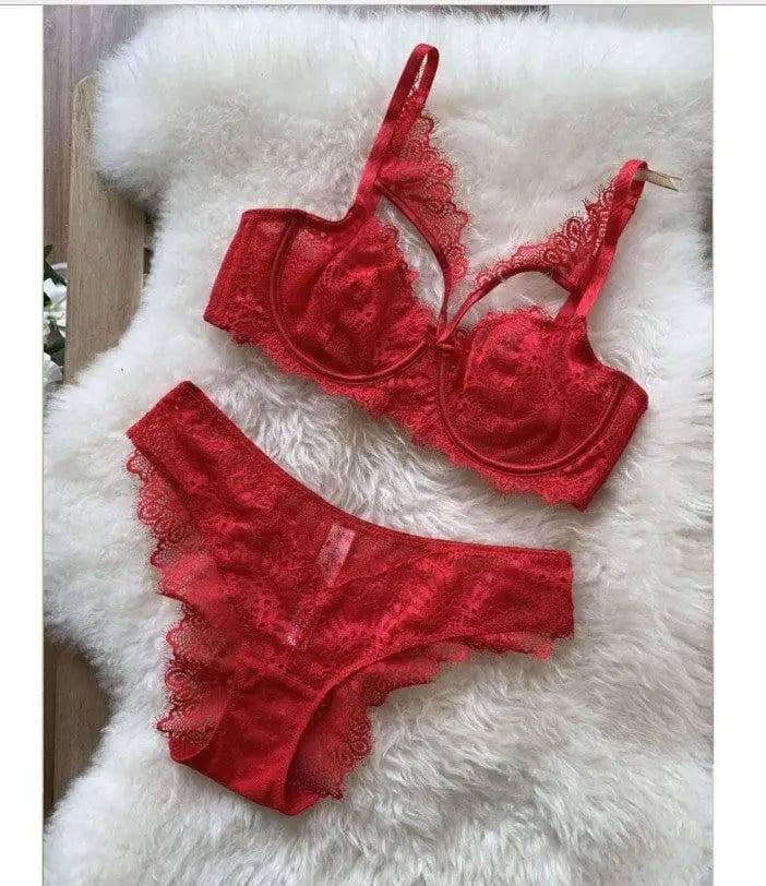 Embroidered Lace Bra Set-Red-5