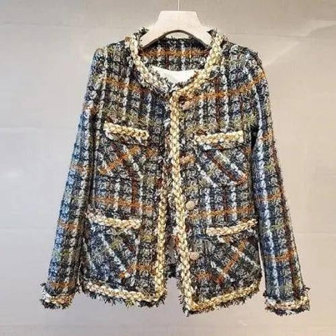 Urban Elegance - Fringed Tartan Tweed Jacket-Blue-1