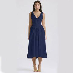 V-neck A-line Dress Summer Pleated Floral Print Tight Waist-Navy Blue-4