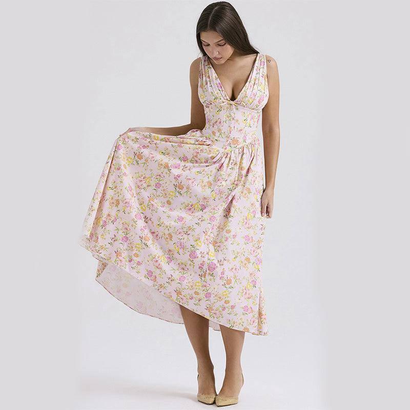 V-neck A-line Dress Summer Pleated Floral Print Tight Waist-5