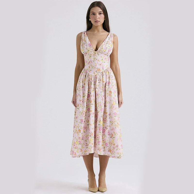 V-neck A-line Dress Summer Pleated Floral Print Tight Waist-Pink Printing-9