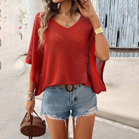 V-neck Bat Sleeve Short-sleeved T-shirt Top Summer Casual-Red-4