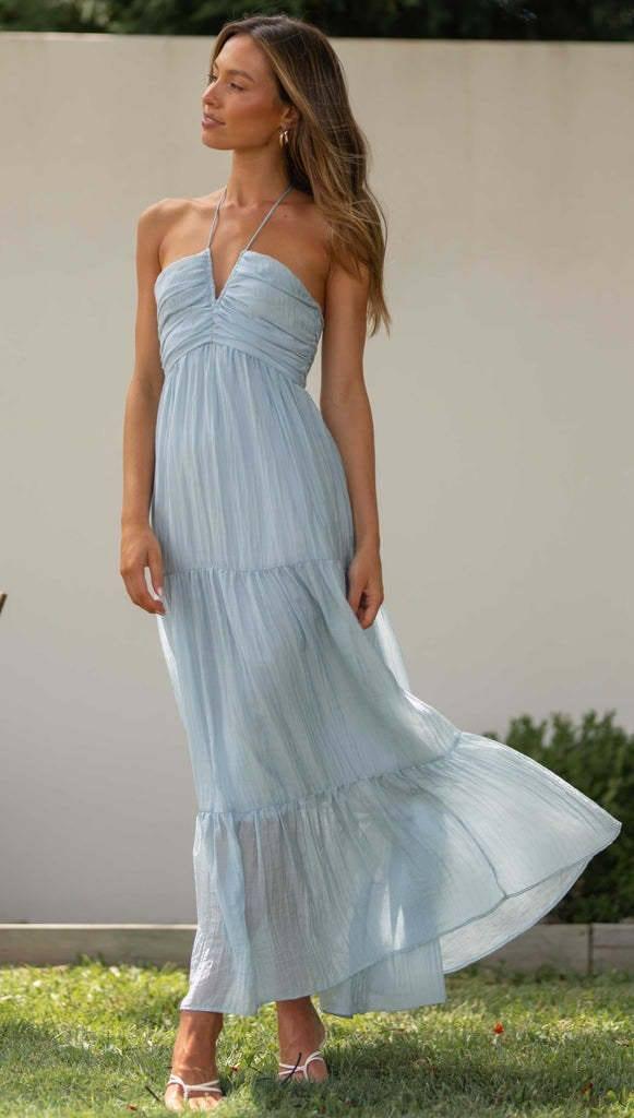 V-neck Brace Long Stitching Dress Elegant Shoulder-baring-Blue-3