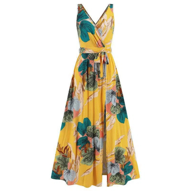 V-neck Floral Print Long Dress Summer Fashion Waist Tie Slit Design Sleeveless Dress For Womens Clothing-10