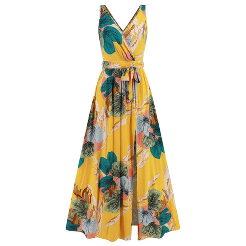 V-neck Floral Print Long Dress Summer Fashion Waist Tie Slit-10