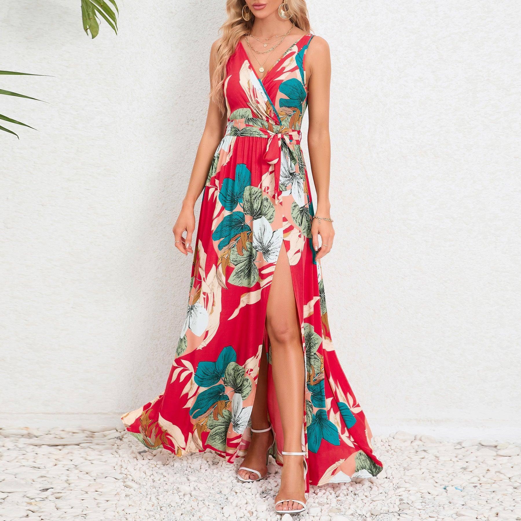 V-neck Floral Print Long Dress Summer Fashion Waist Tie Slit-Red-6