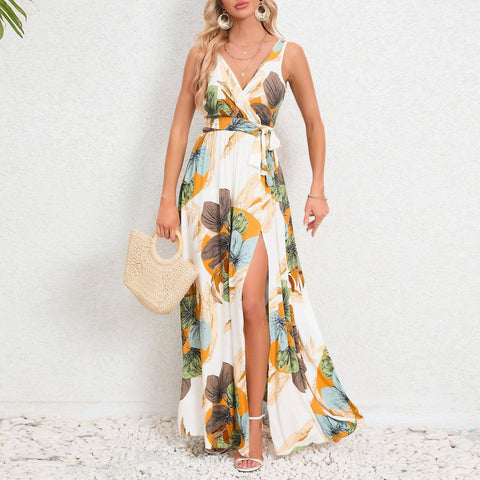 V-neck Floral Print Long Dress Summer Fashion Waist Tie Slit-7
