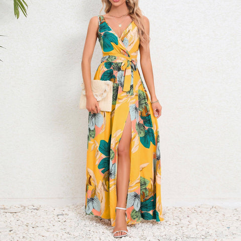 V-neck Floral Print Long Dress Summer Fashion Waist Tie Slit-9
