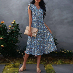 V-neck Fly-sleeve Floral Dress Long Dress-Blue-1