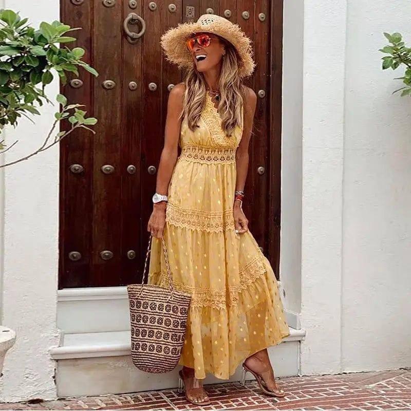 V-neck Lace-trimmed Multicolor Dress Long Skirt-Yellow-1
