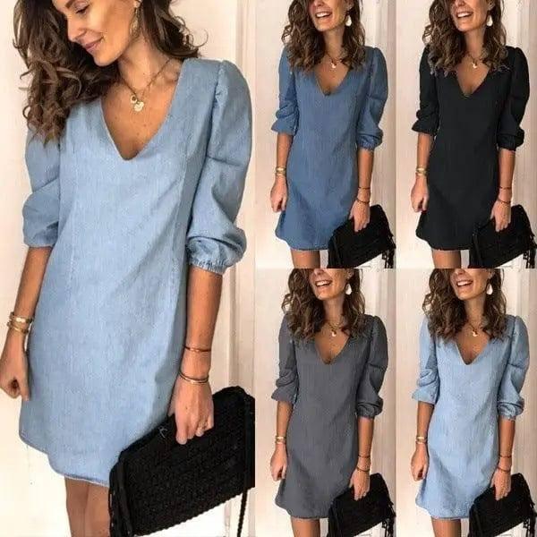 V-neck Short-sleeved Casual Loose Cotton And Linen Dress-1