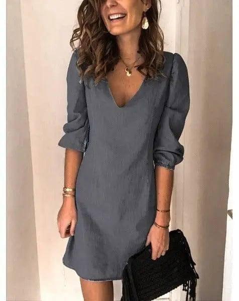 V-neck Short-sleeved Casual Loose Cotton And Linen Dress-Grey-3