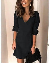 V-neck Short-sleeved Casual Loose Cotton And Linen Dress-Black-5