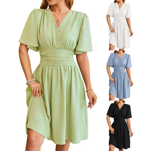 V-neck Short-sleeved Dress Fashion Bell-sleeved Dress Summer-1
